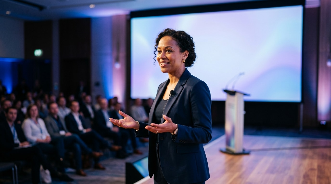 presenter speaking at a measured pace during a workplace presentation
